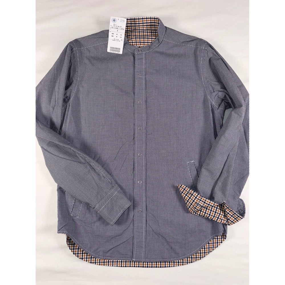 New J. Press Reversible‎ Band Collar Shirt Coat Brown Navy Gingham Plaid Mens S